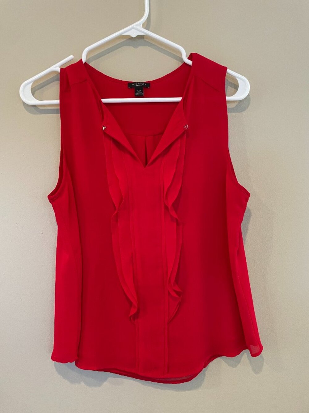 Ann Taylor Petite Red Sleeveless Ruffle Blouse Lined MP